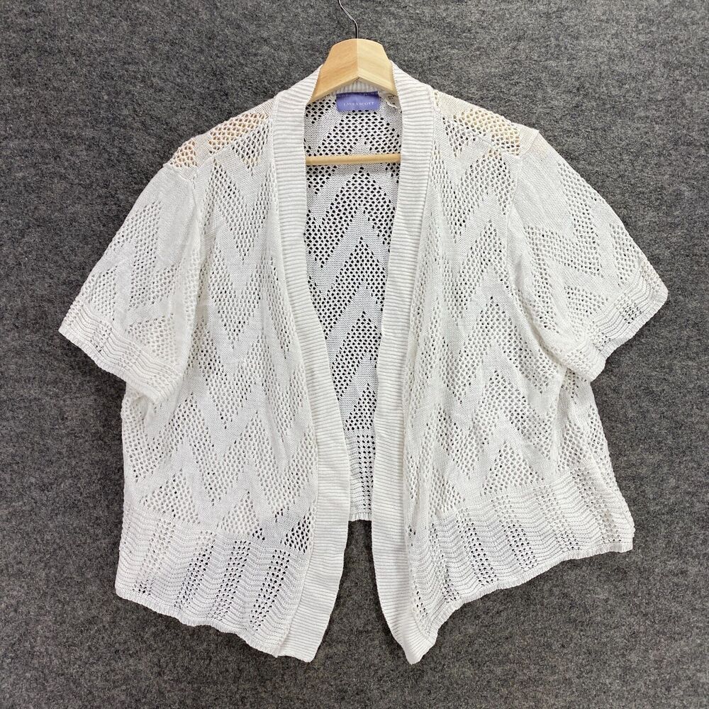Laura Scott Top Women XL White Geometric Open Front Short Sleeve Crochet Casual
